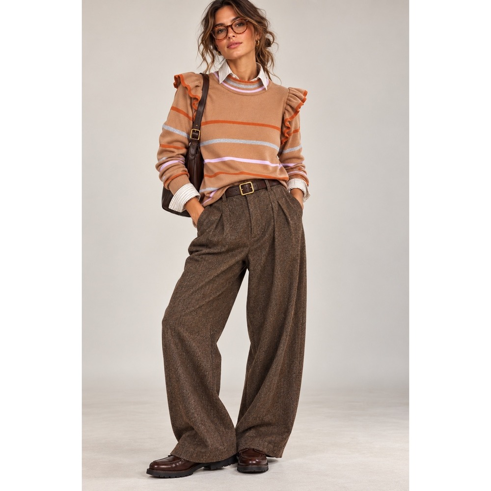 THML NWT Ruffle Shoulder Striped Sweater Tan Rust Lavender Retro 70s M Eclectic